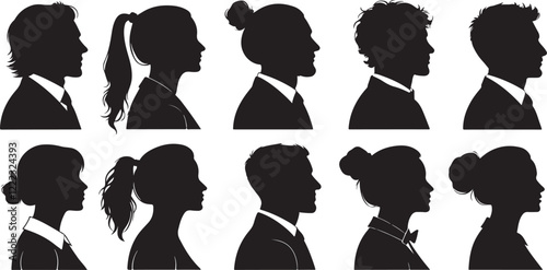 Black silhouette vector illustrations of men and women with various hairstyles including ponytails, buns, and unique hairdos for modern designs.
