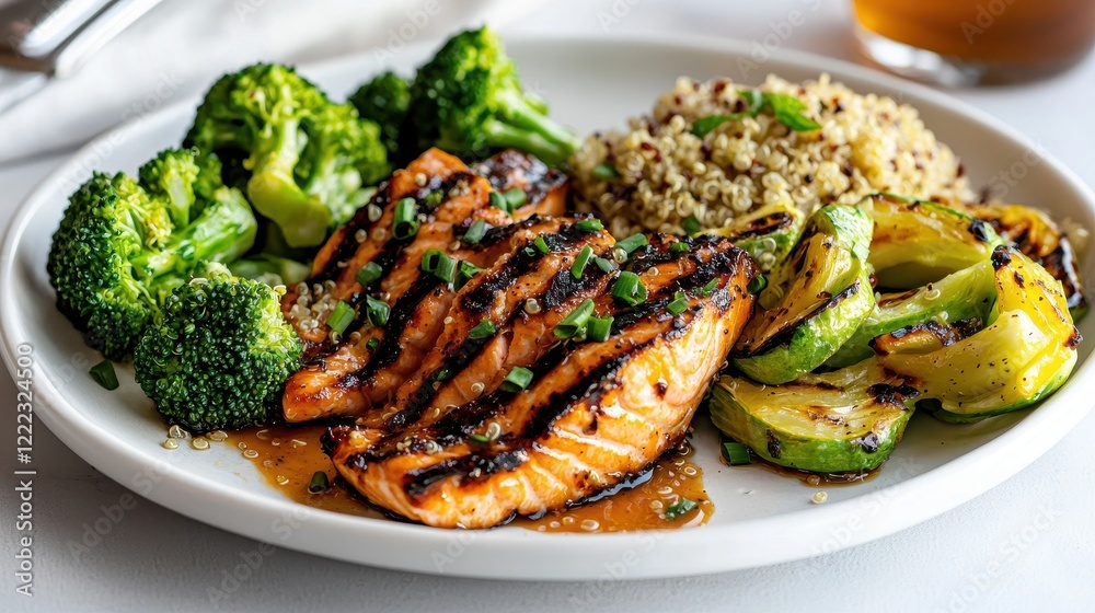 Grilled Salmon Fillet with Broccoli, Quinoa, and Brussels Sprouts on a White Plate Grilled Salmon Fillet with Broccoli, Quinoa, and Brussels Sprouts on a White Plate