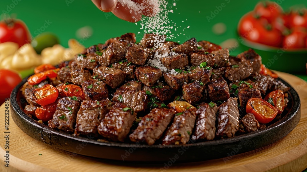 Juicy Grilled Steak with Tomato Garnish Sprinkled with Sea Salt on a Wooden Board Juicy Grilled Steak with Tomato Garnish Sprinkled with Sea Salt on a Wooden Board