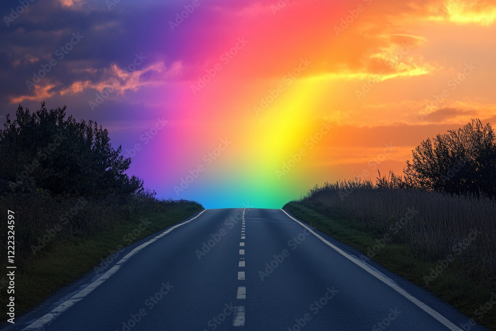 Colorful rainbow arches over winding road near grassy hills after a rainstorm during late afternoon Colorful rainbow arches over winding road near grassy hills after a rainstorm during late afternoon