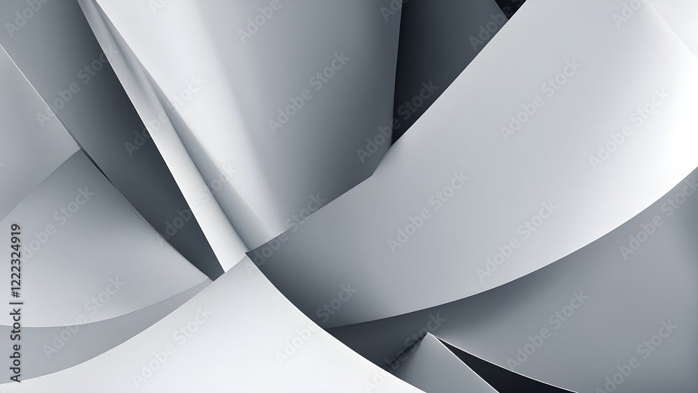 Abstract grayscale background featuring overlapping curved and folded paper shapes creating a dynamic, modern design.