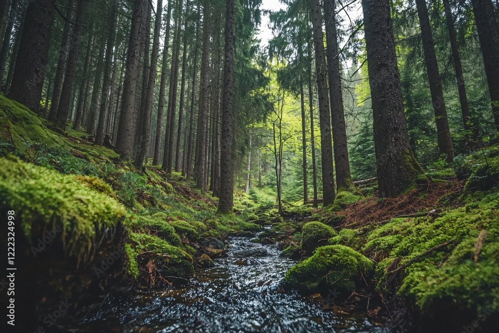 Fototapeta premium Serene forest landscape with a flowing stream surrounded by lush greenery and towering trees