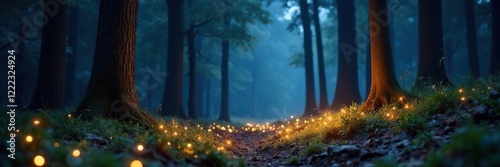 Forest floor twinkling lights under starry night sky, enchanted forest, soft focus, shimmering gold