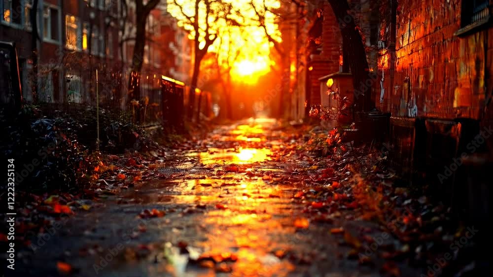 Serene Autumn Pathway at Sunset: A Captivating Evening Scene Bathed in Golden Light Serene Autumn Pathway at Sunset: A Captivating Evening Scene Bathed in Golden Light
