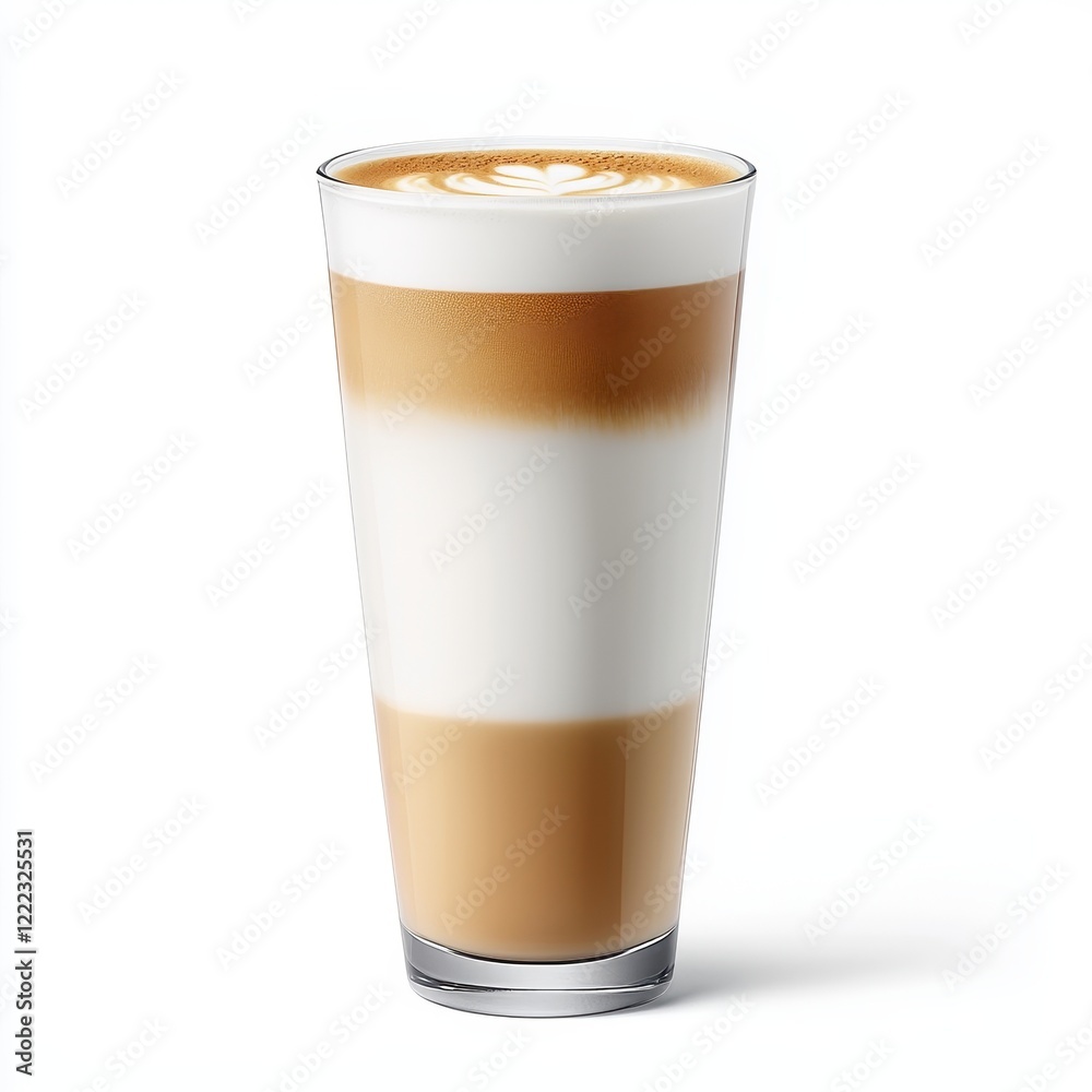 Creamy Layered Latte with Perfect Foam Art in a Clear Tall Glass on Light Background Creamy Layered Latte with Perfect Foam Art in a Clear Tall Glass on Light Background