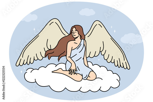 Woman angel with large wings sits on flying cloud in heaven, symbolizing innocence and purity or absence of harmful thoughts. Beautiful girl with angel wings and long hair smiles soaring in sky