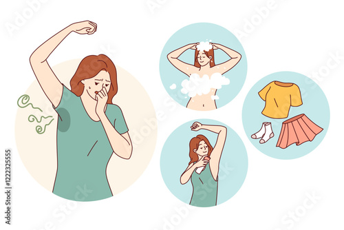 Woman fights smell sweat by using deodorant and putting on clean clothes after taking shower. Girl feels stench and smell of sweat due to violation of hygiene rules and lack of air conditioning system