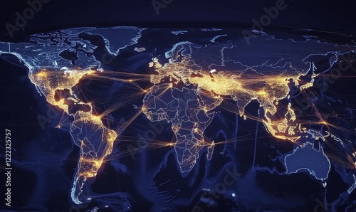 Global Shipping Network Map with Highlighted Trade Routes and Connections, Illuminated World Map Showing International Logistics, Commerce, and Transportation Pathways, Generative AI