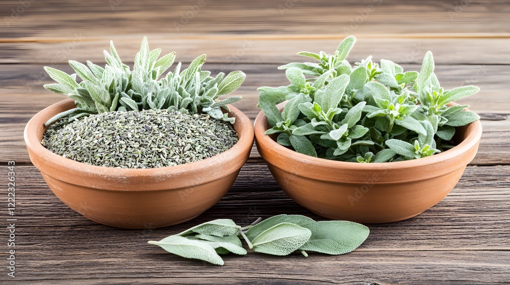 Fresh Sage and Dried Sage Herbs in Bowls on Wooden Table Fresh Sage and Dried Sage Herbs in Bowls on Wooden Table