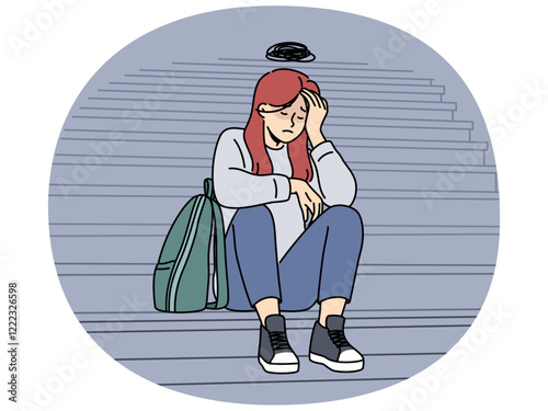 Teenage woman cries because of bullying or harassment and sits on steps suffering from social problems. Upset girl needs psychological support to overcome complexes caused by bullying in college