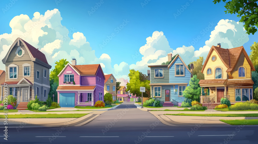 Parallax background for game suburb houses, suburban street with residential cottages 2d cityscape. Cartoon countryside buildings scene with separated layers, graphic animation Vector illustration Parallax background for game suburb houses, suburban street with residential cottages 2d cityscape. Cartoon countryside buildings scene with separated layers, graphic animation Vector illustration