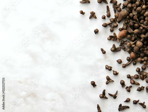 cloves scattered on a white background, asymmetrical arrangement, spice texture photo