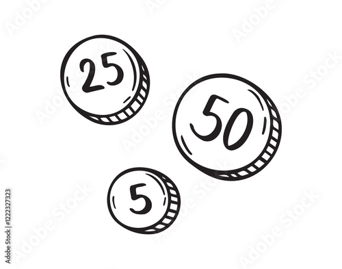 5, 25 and 50 coins money doodle hand drawn icon. Outline drawing 5, 25 and 50 coins line clipart symbol
