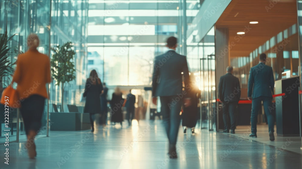 Busy Office Lobby with Blurred Motion and Sunlight Busy Office Lobby with Blurred Motion and Sunlight