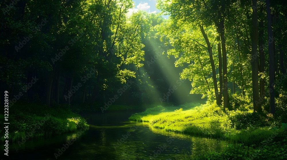 Obraz premium Lush Green Forest with Sunlight Streaming over Tranquil River