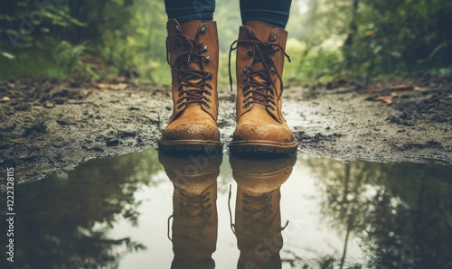 Reflection in Muddy Puddle: Symbolizing Inner Muddiness and Personal Reflection, Boots Standing in Wet Soil, Nature Setting, Generative AI photo