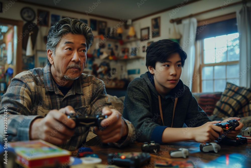 Two fathers bond over video games in a welcoming living room, showcasing diverse family dynamics and the joy of shared experiences across generations in a relaxed atmosphere Two fathers bond over video games in a welcoming living room, showcasing diverse family dynamics and the joy of shared experiences across generations in a relaxed atmosphere