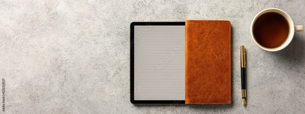Fototapeta premium Elegant Workspace Setup Featuring Tablet, Notebook, Coffee Cup, and Gold Pen on Textured Background