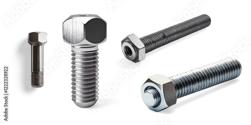 Shiny Metal Bolt with Hexagonal Head on a Transparent Background