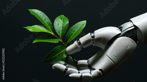 Robot hand holding a green leaves on black background