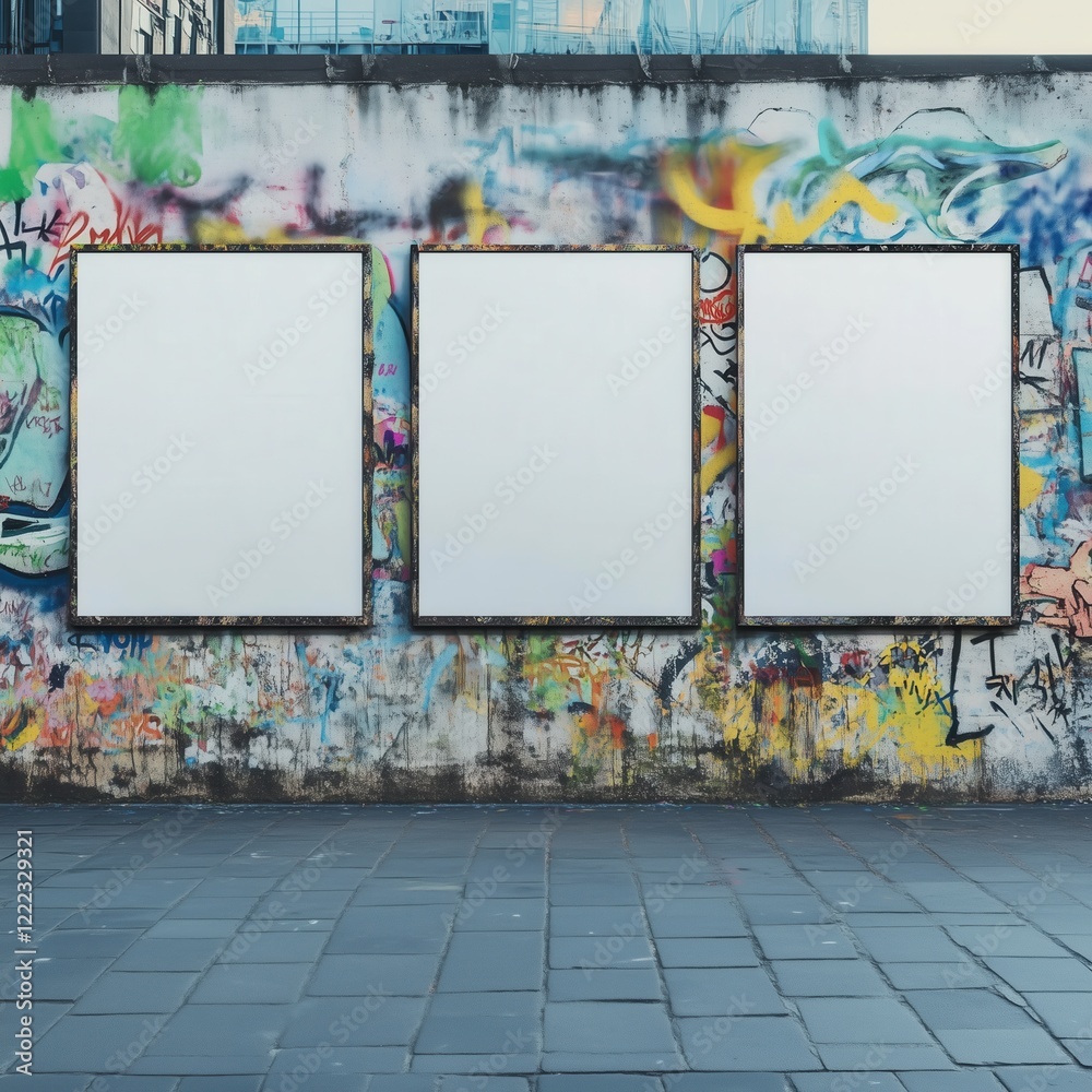 Fototapeta premium Mockup of three blank advertising billboards placed on colorful graffiti wall on city street. White empty posters, portrait orientation. Advertising poster template, outdoors