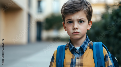 Young boy with serious expression, plaid shirt, blue backpack, urban background photo