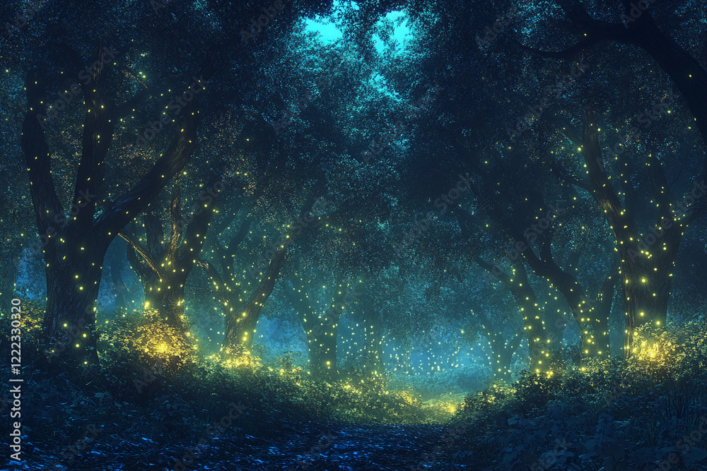 Obraz premium Enchanted forest filled with glowing lights and magical atmosphere at night