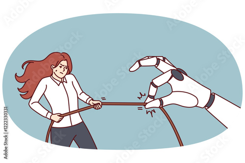 Woman and giant robot arm for concept of fight between human and artificial intelligence for jobs. Angry girl competing with robot who wants to take away work due to appearance of neural networks