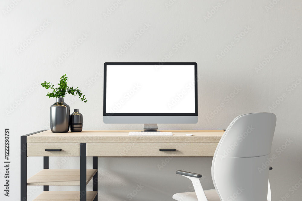 Fototapeta premium Modern desk setup with computer and plant decor on a wooden desk in a minimalist room. 3D Rendering