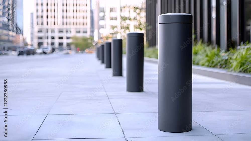 Sleek, matte black bollards line a city sidewalk, creating a modern urban landscape.  A glimpse of city life in the background.