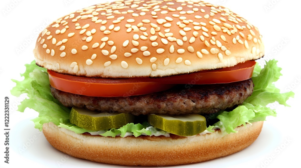 Juicy Cheeseburger with Sesame Bun, Lettuce, Tomato and Pickles Juicy Cheeseburger with Sesame Bun, Lettuce, Tomato and Pickles