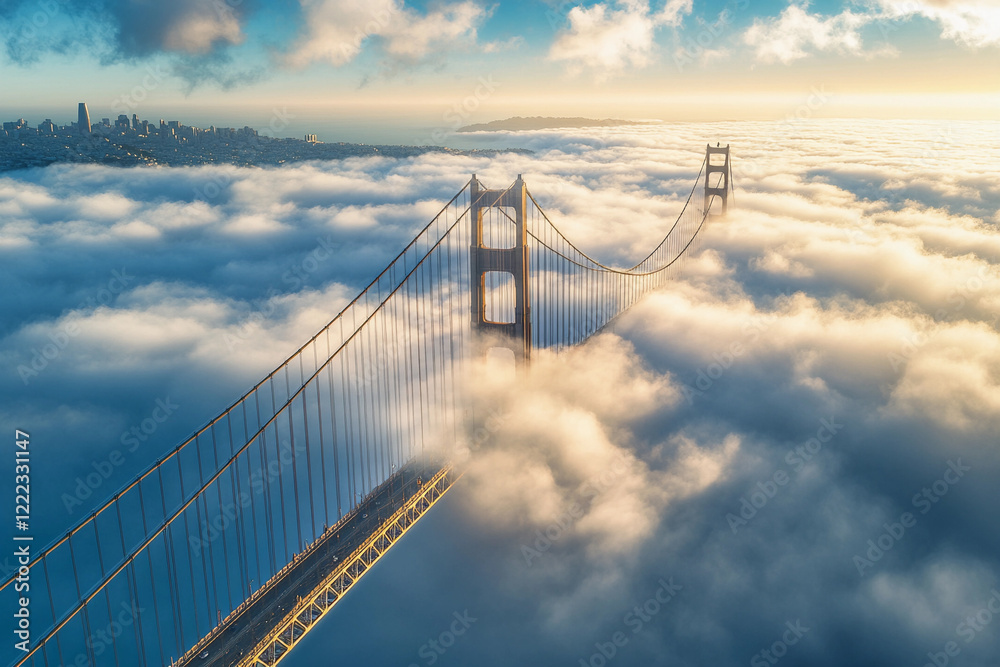 Obraz premium Elevated view of a bridge emerging from clouds at sunrise over a mountainous landscape