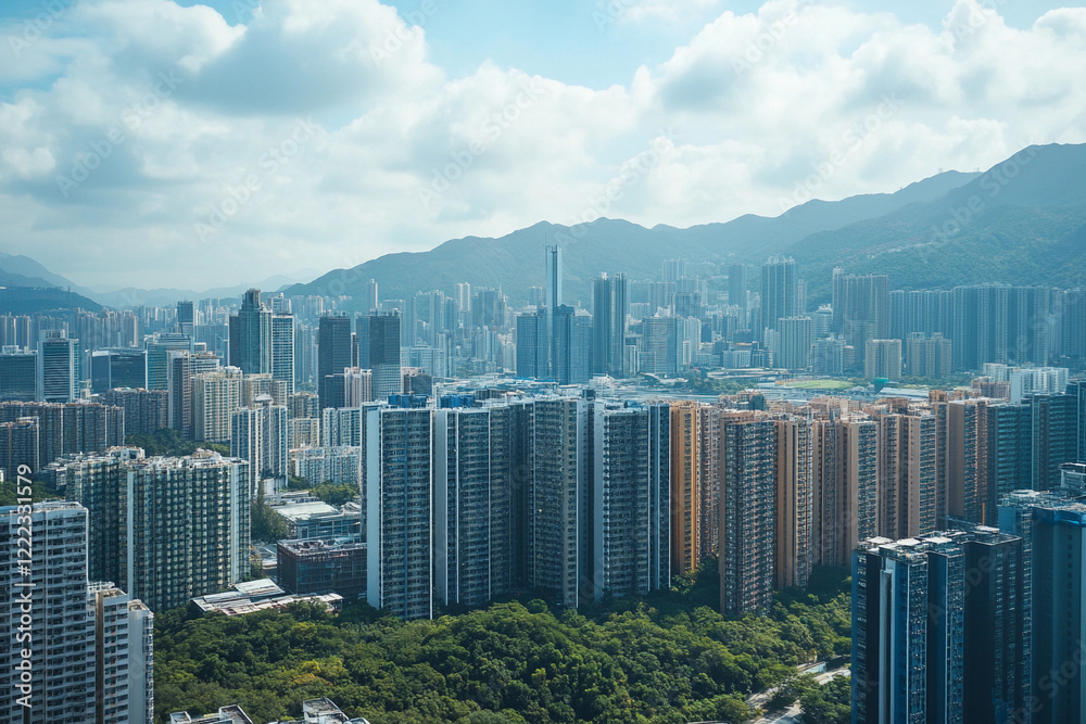 Fototapeta premium Urban skyline reflecting in calm water during late afternoon with clouds in the sky