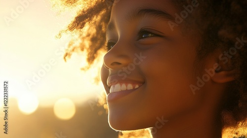 A close-up of a smiling child looking toward the horizon, with warm golden hour light illuminating their face, evoking hope and a bright future. 