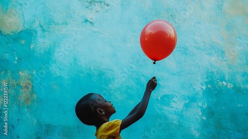 A child releases a brightly coloured balloon into the sky, with a soft focus on the balloon and a vivid blue backdrop, representing freedom and joyful possibilities. 
