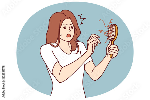 Woman learns about problem of hair loss sees comb and opens mouth in surprise. Shocked girl needs remedy for hair loss or consultation with cosmetologist who recommended shampoo for head