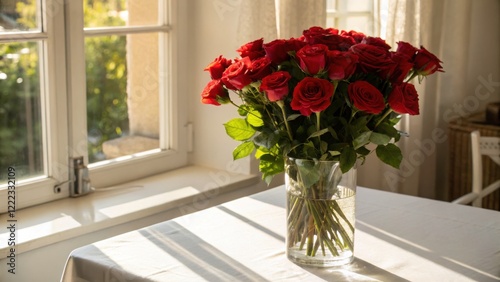 Beautiful Red Roses in a Vase by the Window