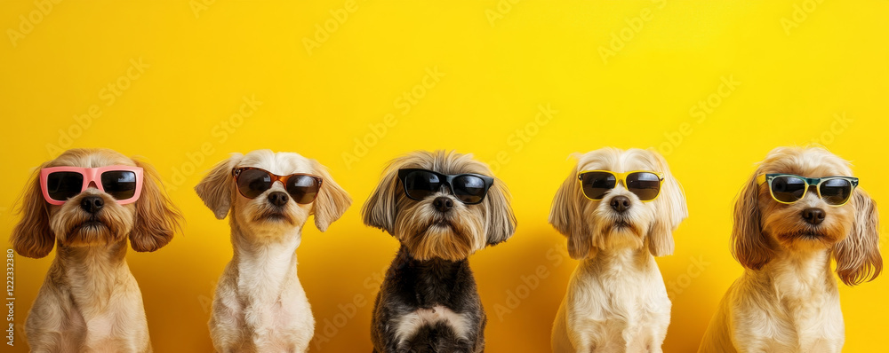 Fototapeta premium Fashionable Dogs in Sunglasses on Yellow Banner