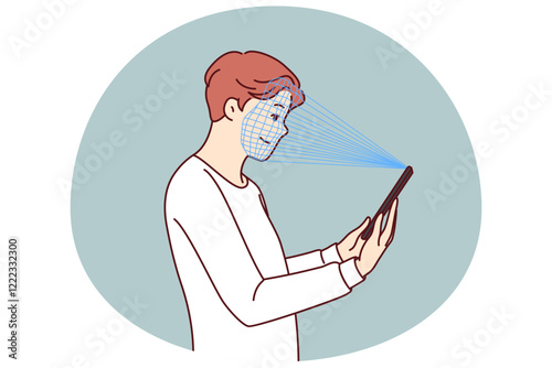 Man uses facial recognition feature on phone to pass verification and gain access to app. Guy with smartphone takes biometric snapshot for verification or authentication instead of entering password