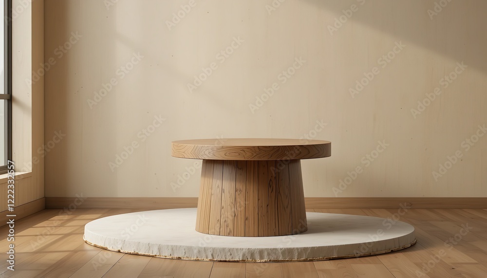 Modern Minimalist Round Wooden Coffee Table on Beige Room Setting Natural Light Elegant Home Decor Interior Design Stylish Furniture Contemporary Modern Minimalist Round Wooden Coffee Table on Beige Room Setting Natural Light Elegant Home Decor Interior Design Stylish Furniture Contemporary