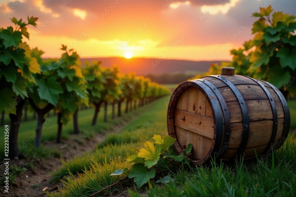 Aged wine in wooden barrel on a rustic grape plantation landscape at sunset, grapes, wine, rustic Aged wine in wooden barrel on a rustic grape plantation landscape at sunset, grapes, wine, rustic