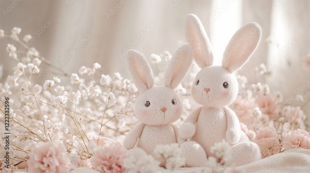 Obraz premium Handmade knitted Easter bunnies surrounded by pastel flowers