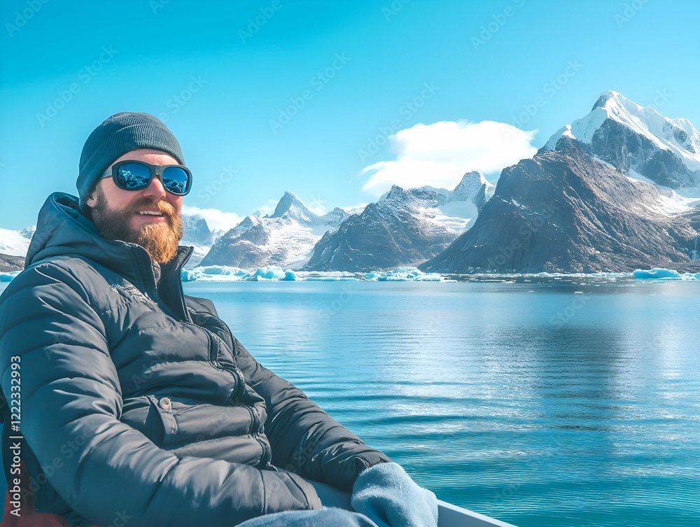 Fototapeta premium A man on a boat with a stunning view of icy mountains and glaciers in the background