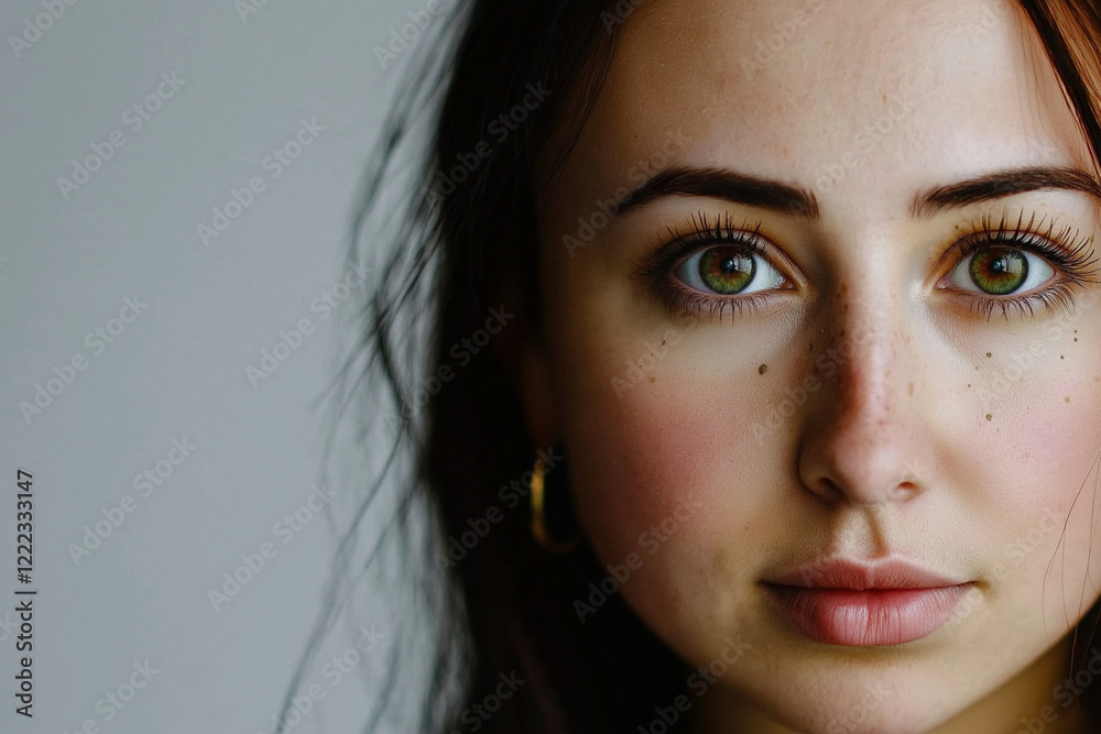 Close-up portrait of young woman showing freckles and green eyes with copy space Close-up portrait of young woman showing freckles and green eyes with copy space