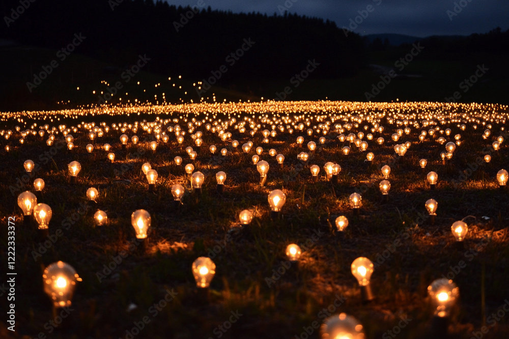 Obraz premium Bright glowing bulbs illuminate a vast field under a starry sky at night in a serene landscape