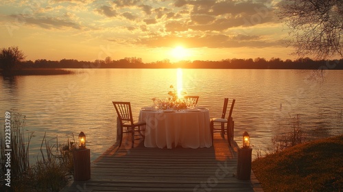 Romantic sunset dinner on lakefront dock with scenic view and candlelit ambiance