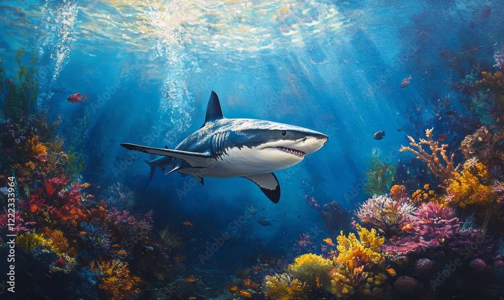 Fototapeta premium White Shark Swims Amid Vibrant Coral Reef, Underwater Marine Wildlife in Blue Ocean, Nature Travel Adventure, Generative AI