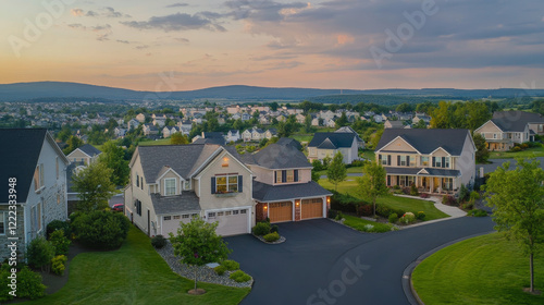 Wallpaper Mural Suburban cottages, residential house with garage. Vector cartoon illustration of village mansions facade. Summer countryside landscape of with private buildings and town silhouettes on background Torontodigital.ca