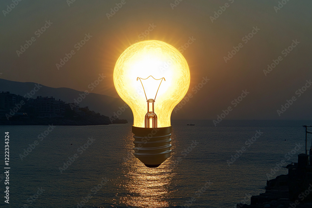 Bright bulb shaped like the sun rising over calm ocean waters at dusk Bright bulb shaped like the sun rising over calm ocean waters at dusk