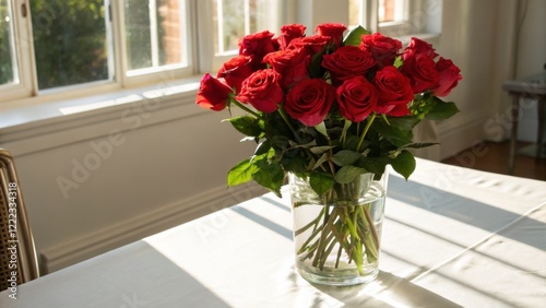 A bouquet of red roses in a clear vase, illuminating a sunny interior.